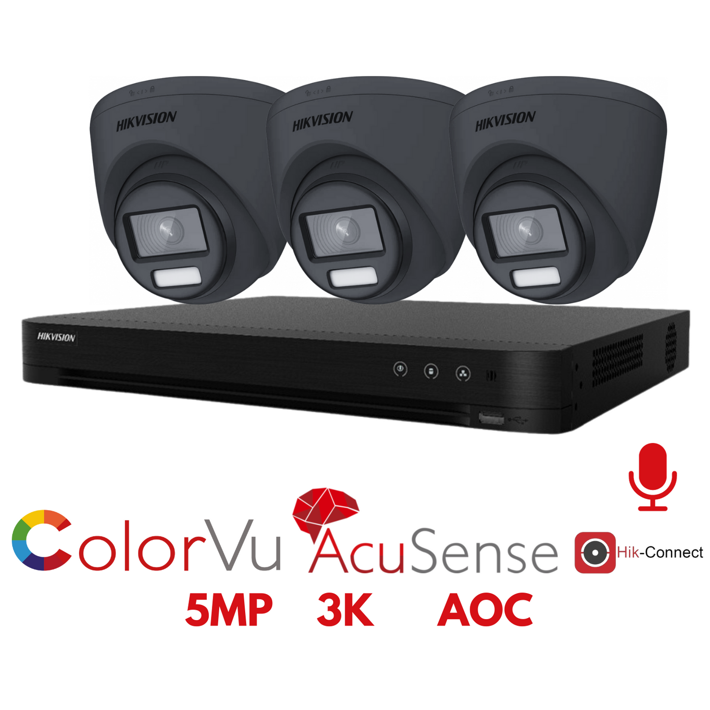 5mp 4ch Hikvision ColorVu Cctv Kit 3x 24hr Colour AOC DVR Camera Kit - Built in Microphones