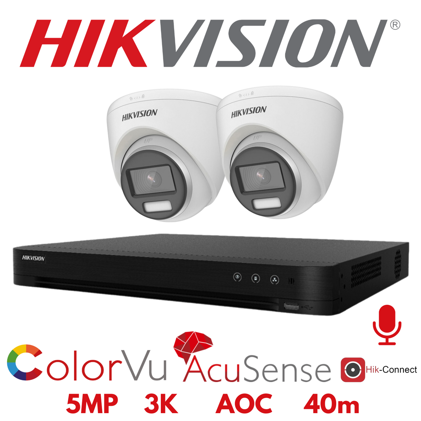 5mp 4ch Hikvision ColorVu Cctv Kit 2x 24hr Colour AOC DVR Camera Kit - Built In Microphones