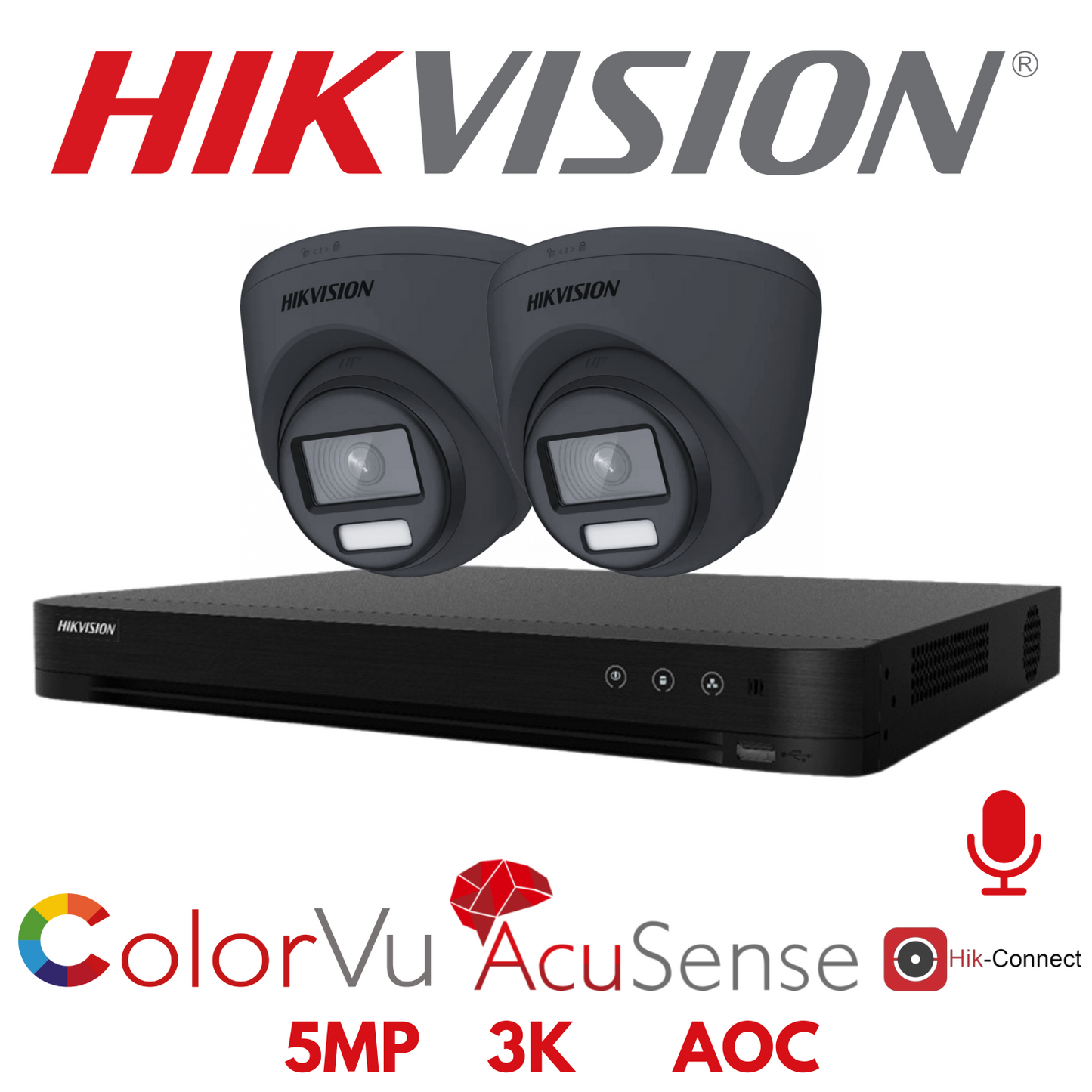 5mp 4ch Hikvision ColorVu Cctv Kit 2x 24hr Colour AOC DVR Camera Kit - Built In Microphones