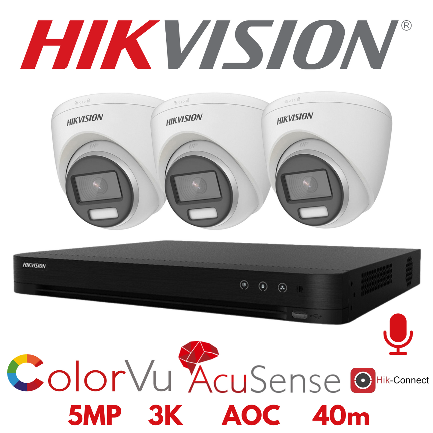 5mp 4ch Hikvision ColorVu Cctv Kit 3x 24hr Colour AOC DVR Camera Kit - Built in Microphones