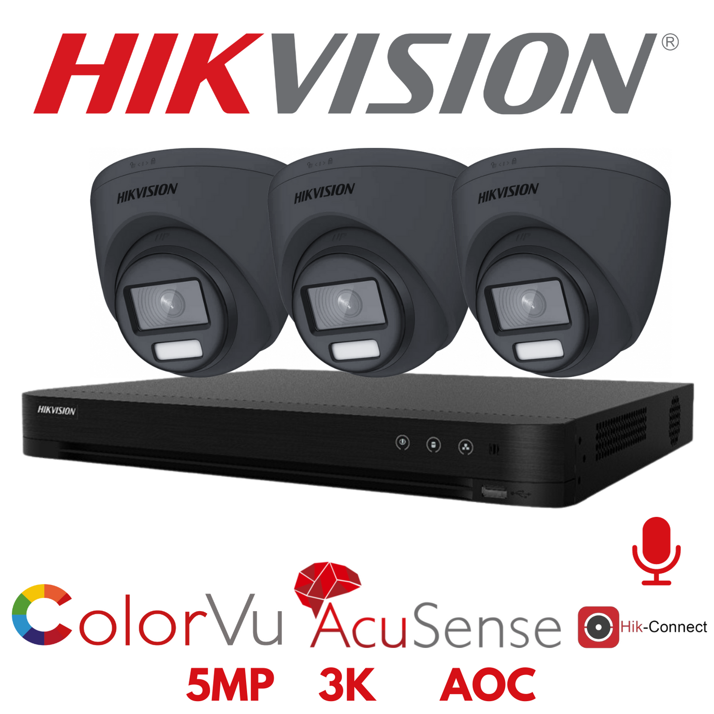 5mp 4ch Hikvision ColorVu Cctv Kit 3x 24hr Colour AOC DVR Camera Kit - Built in Microphones