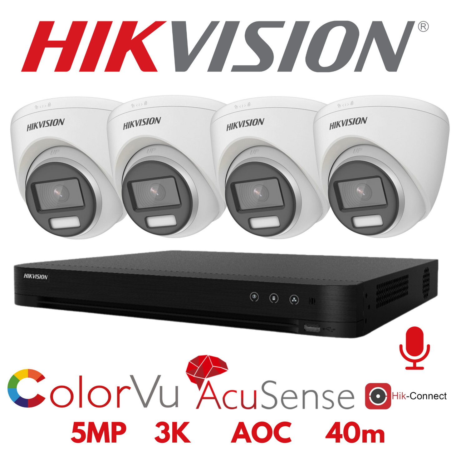 5mp 4ch Hikvision ColorVu Cctv Kit 4x 24hr Colour AOC DVR Camera Kit - Built in Microphones