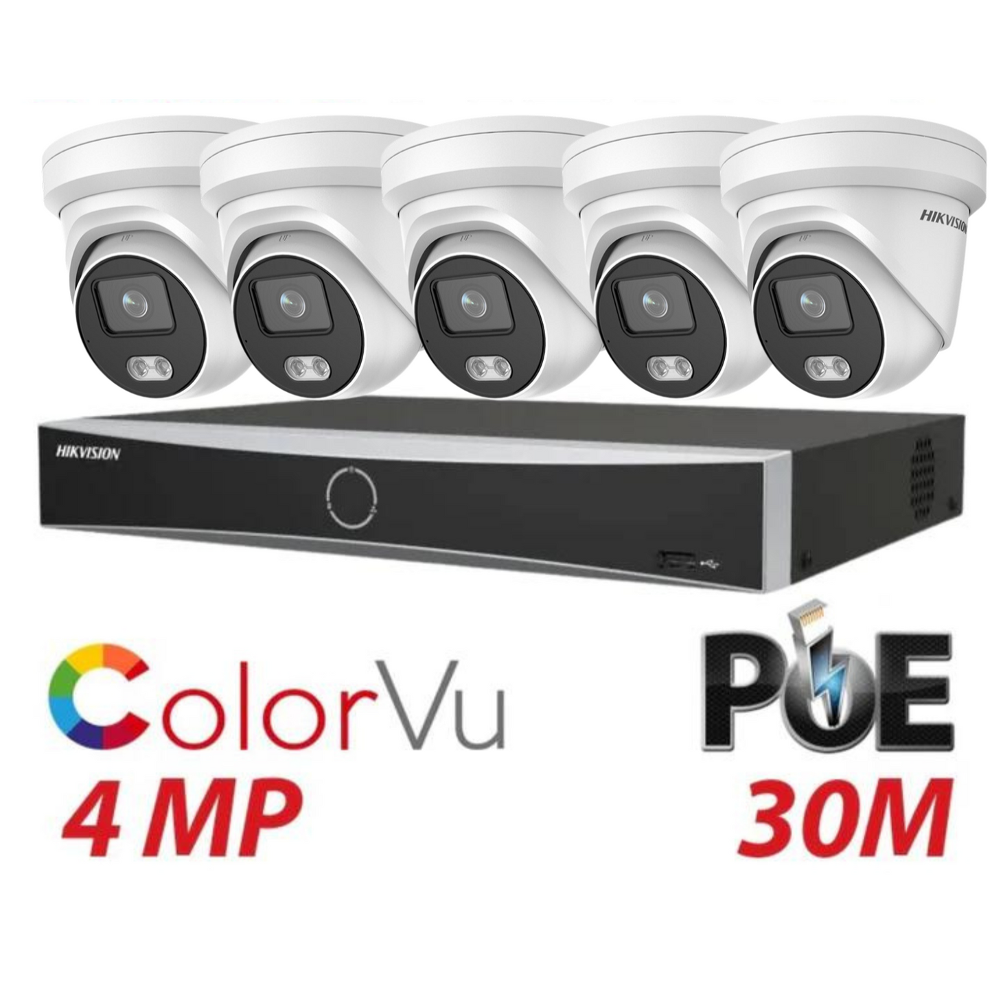 Hikvision CCTV kit, 5 x 4mp Smart Hybrid Colorvu IP Poe cameras with Audio, 1 x 8 Channel NVR