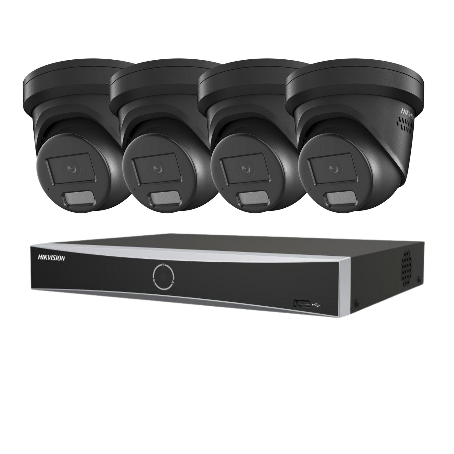 Hikvision CCTV kit, 4 x 8mp Smart Hybrid Colorvu Acusense IP POE and Audio cameras, 1 x 4 Channel POE NVR