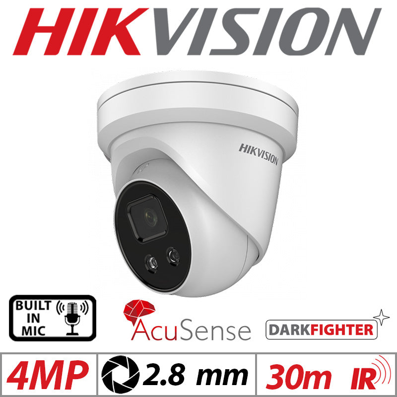 4mp Hikvision Darkfighter Acusense Turret IP Network Camera with Built-in Mic 2.8mm White DS-2CD2346G2-IU