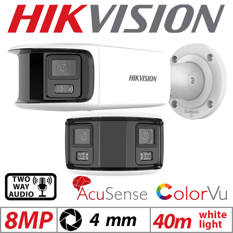 Hikvision CCTV kit, 2 x 8mp Panoramic Dual Camera, Colorvu, Acusense, IP POE and 2 way Audio cameras, 1 x 8 Channel POE NVR