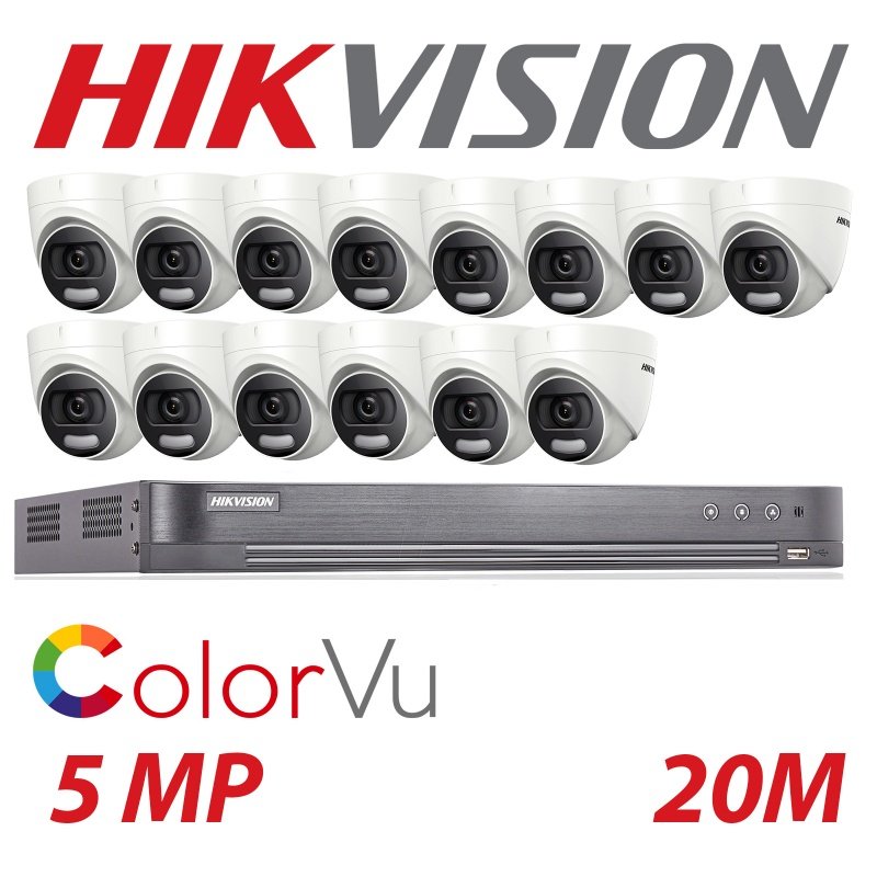 Hikvision CCTV kit, 14 x 5mp Colorvu Acusense cameras, 1 x 16 Channel DVR