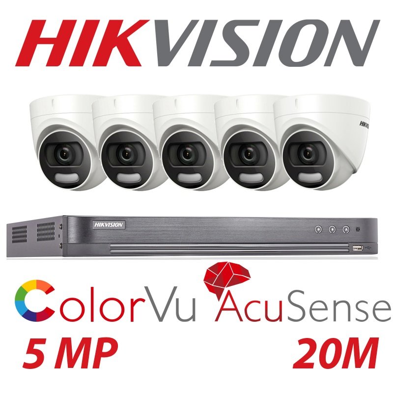 Hikvision CCTV kit, 5 x 5mp Colorvu Acusense cameras, 1 x 8 Channel DVR