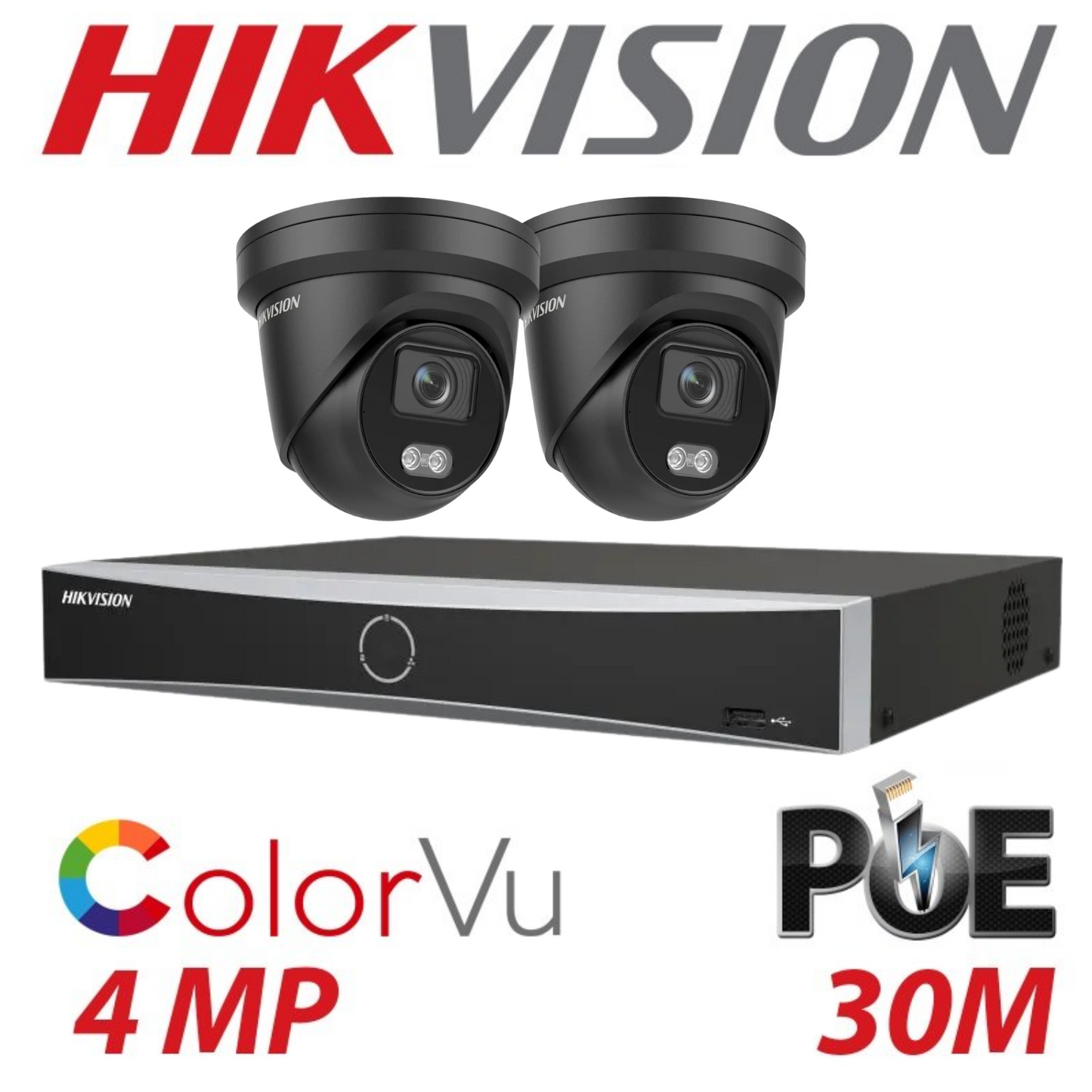 Hikvision CCTV kit, 2 x 4mp Smart Hybrid Colorvu IP Poe cameras with Audio, 1 x 4 Channel NVR