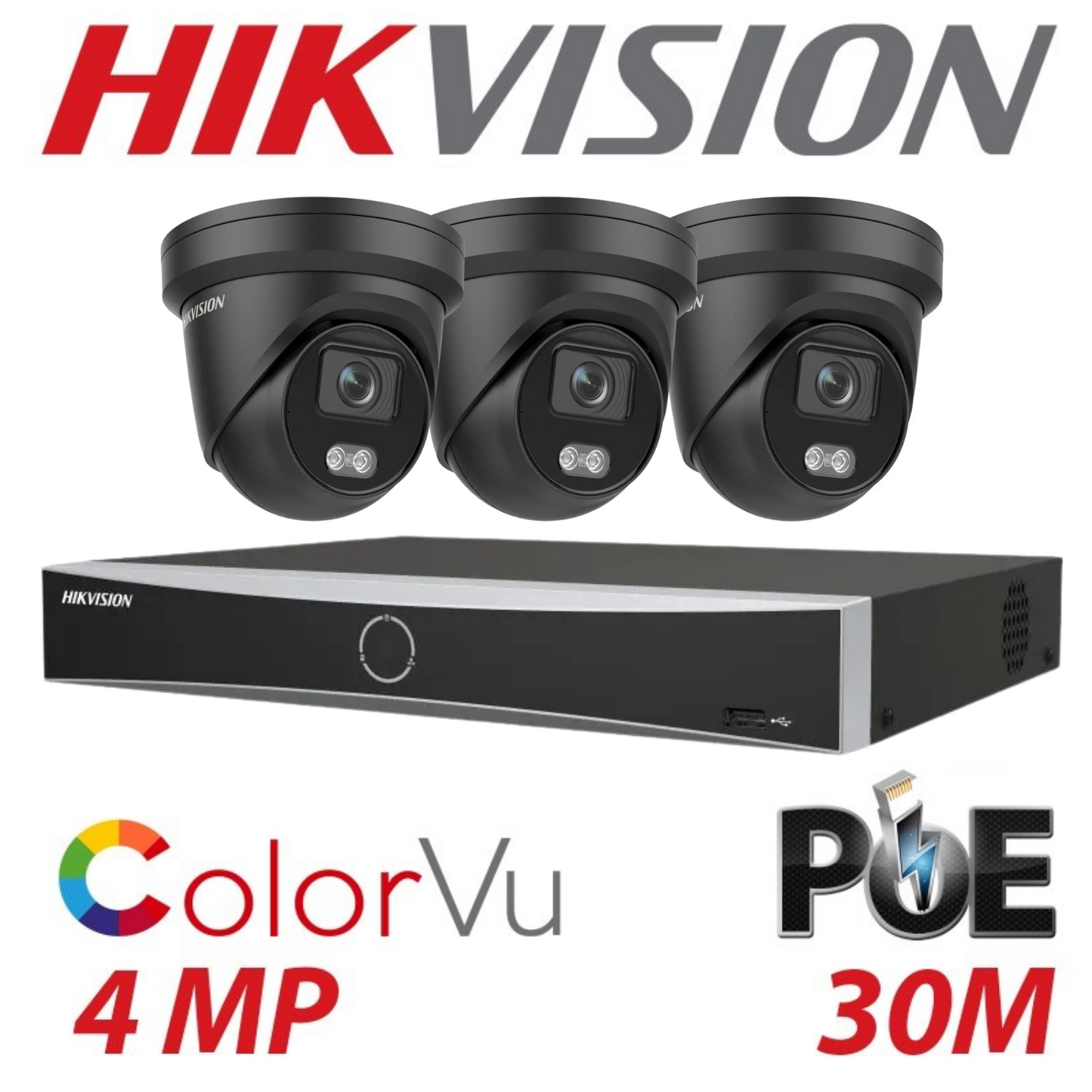 Hikvision CCTV kit, 3 x 4mp Smart Hybrid Colorvu IP Poe cameras with Audio, 1 x 4 Channel NVR