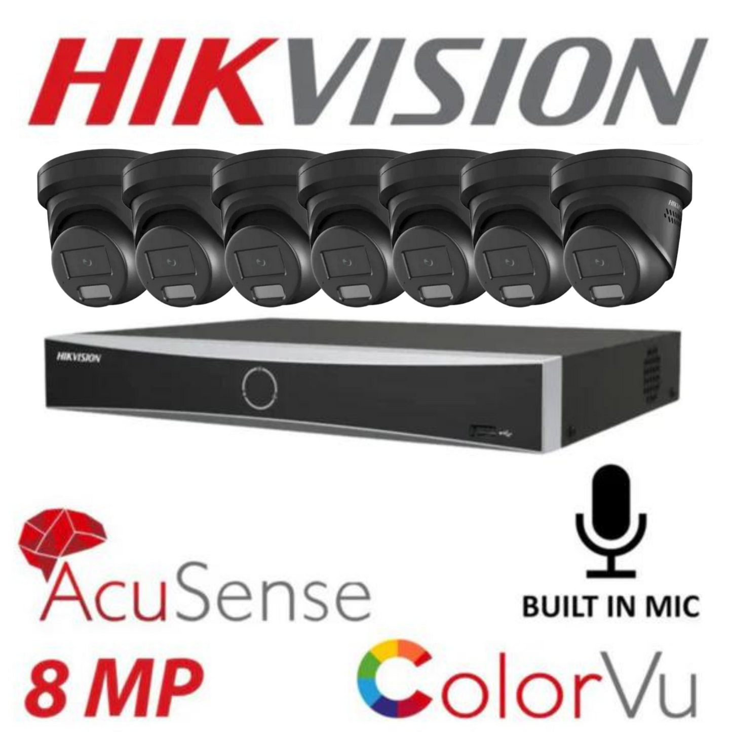 Hikvision CCTV kit, 7 x 8mp Smart Hybrid Colorvu Acusense IP POE and Audio cameras, 1 x 8 Channel POE NVR