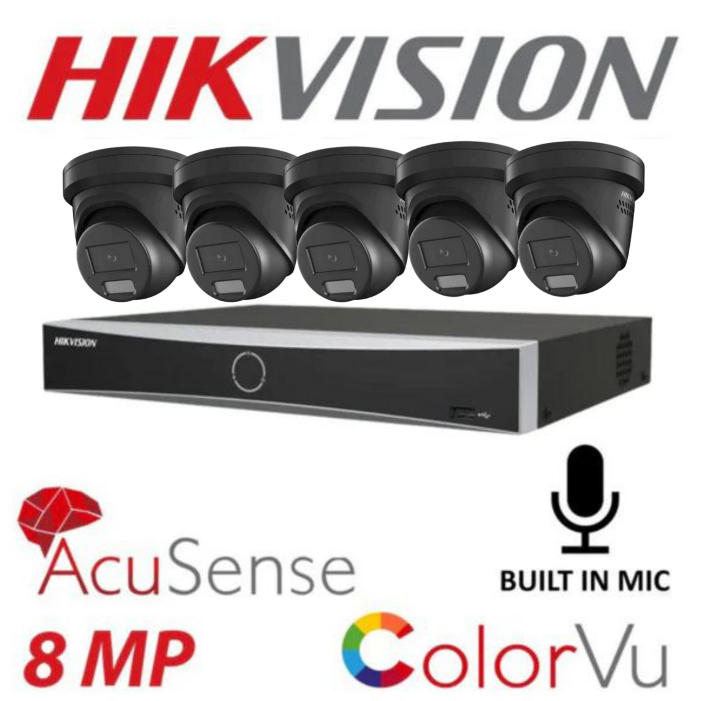 Hikvision CCTV kit, 5 x 8mp Smart Hybrid Colorvu Acusense IP POE and Audio cameras, 1 x 8 Channel POE NVR