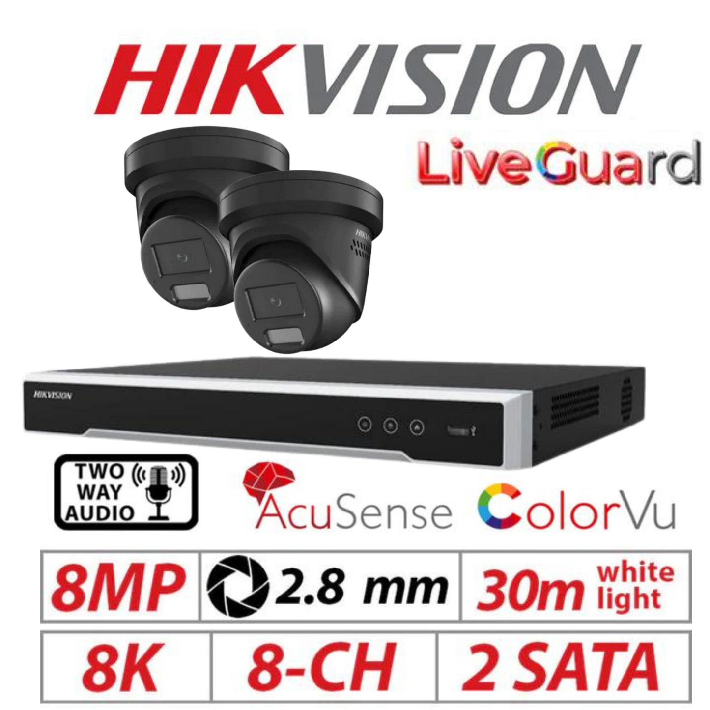 Hikvision CCTV kit, 2 x 8mp Live Guard Colorvu Acusense IP POE and 2 way Audio cameras, 1 x 8 Channel POE NVR