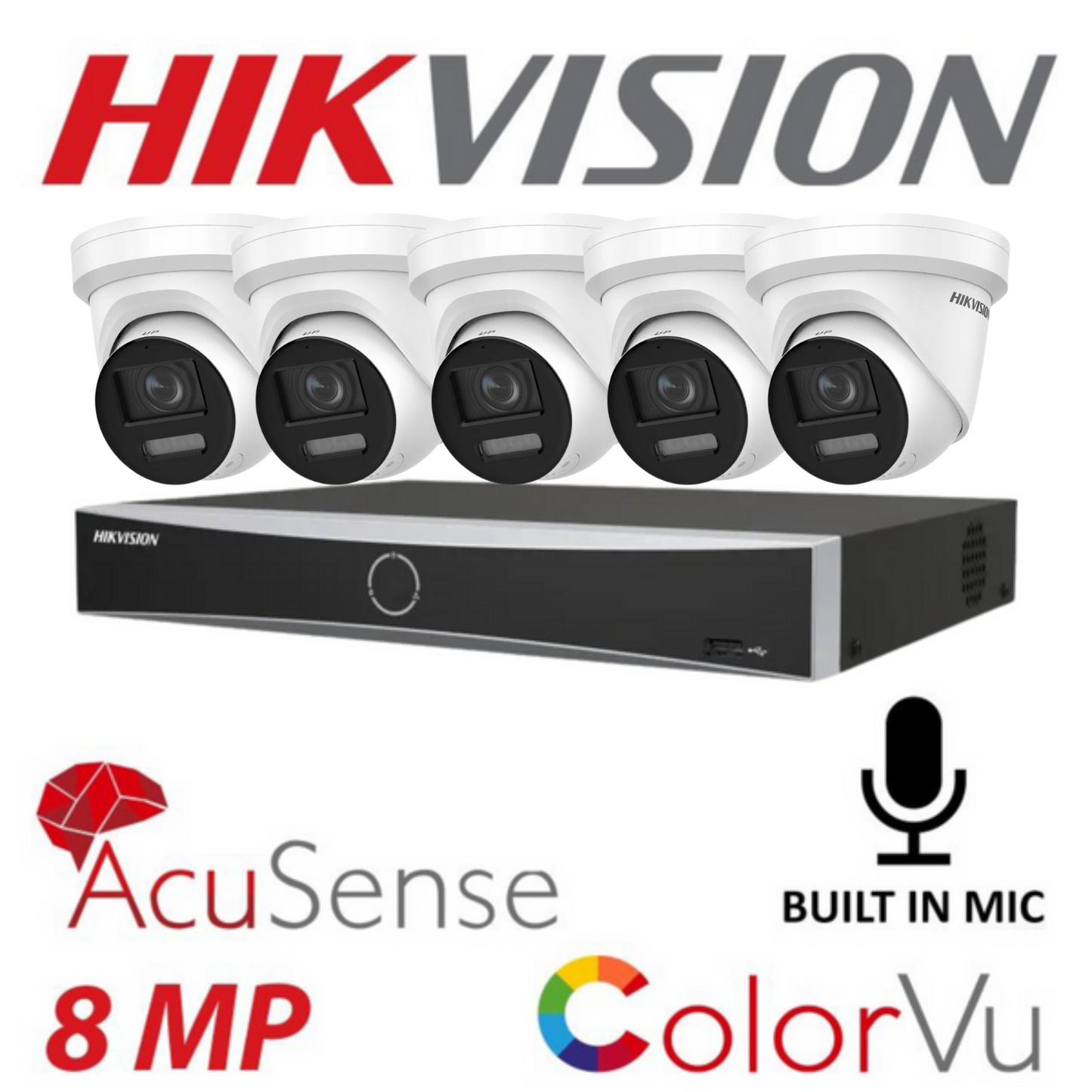 Hikvision CCTV kit, 5 x 8mp Smart Hybrid Colorvu Acusense IP POE and Audio cameras, 1 x 8 Channel POE NVR