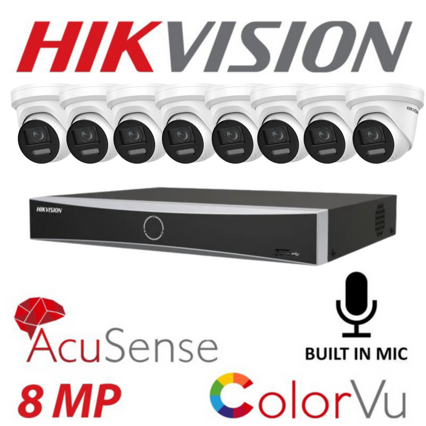 Hikvision CCTV kit, 8 x 8mp Smart Hybrid Colorvu Acusense IP POE and Audio cameras, 1 x 8 Channel POE NVR