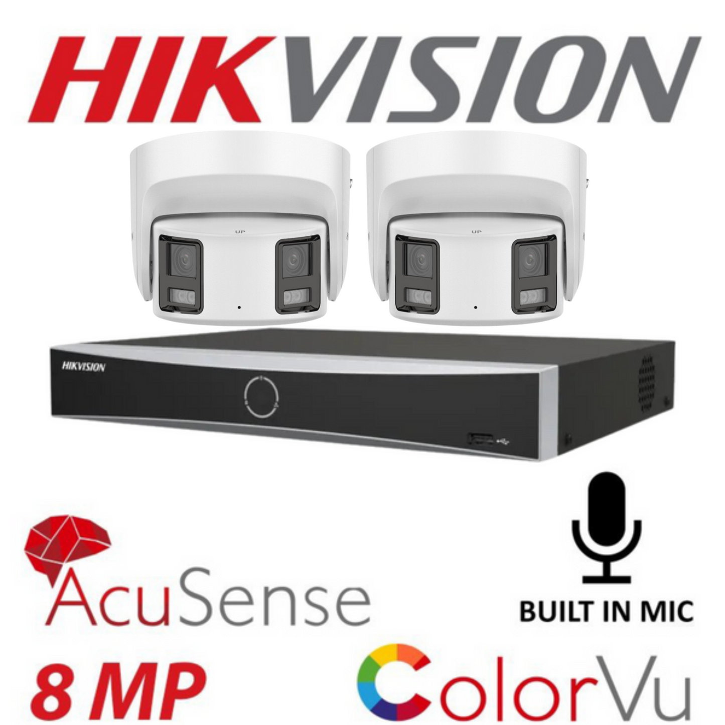 Hikvision CCTV kit, 2 x 8mp Panoramic Dual Camera, Colorvu, Acusense, IP POE and 2 way Audio cameras, 1 x 8 Channel POE NVR