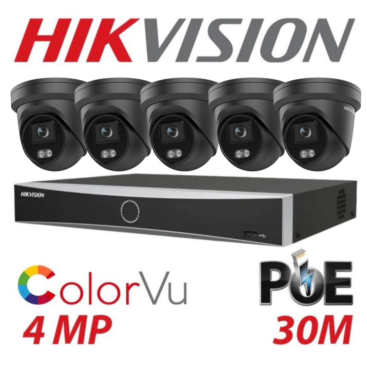 Hikvision CCTV kit, 5 x 4mp Smart Hybrid Colorvu IP Poe cameras with Audio, 1 x 8 Channel NVR