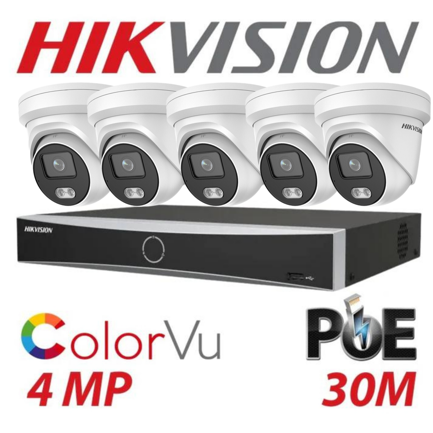 Hikvision CCTV kit, 5 x 4mp Smart Hybrid Colorvu IP Poe cameras with Audio, 1 x 8 Channel NVR