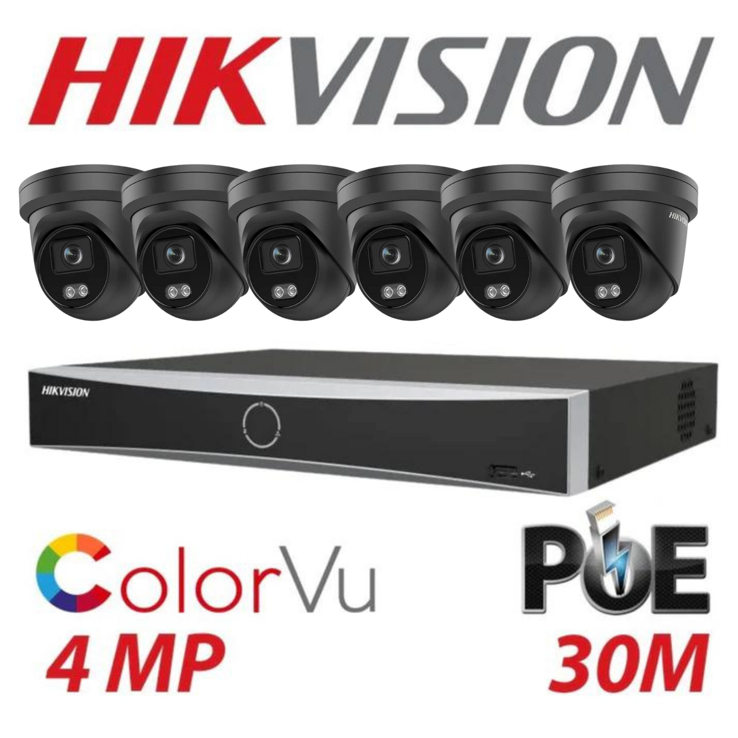 Hikvision CCTV kit, 6 x 4mp Smart Hybrid Colorvu IP Poe cameras with Audio, 1 x 8 Channel NVR