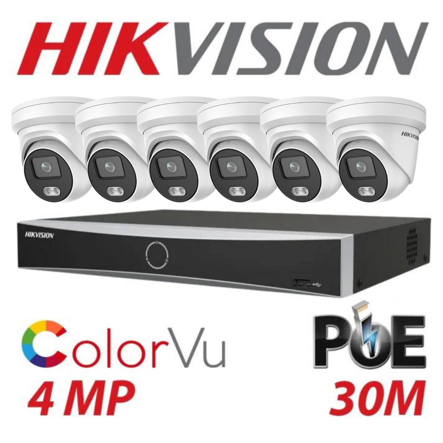 Hikvision CCTV kit, 6 x 4mp Smart Hybrid Colorvu IP Poe cameras with Audio, 1 x 8 Channel NVR