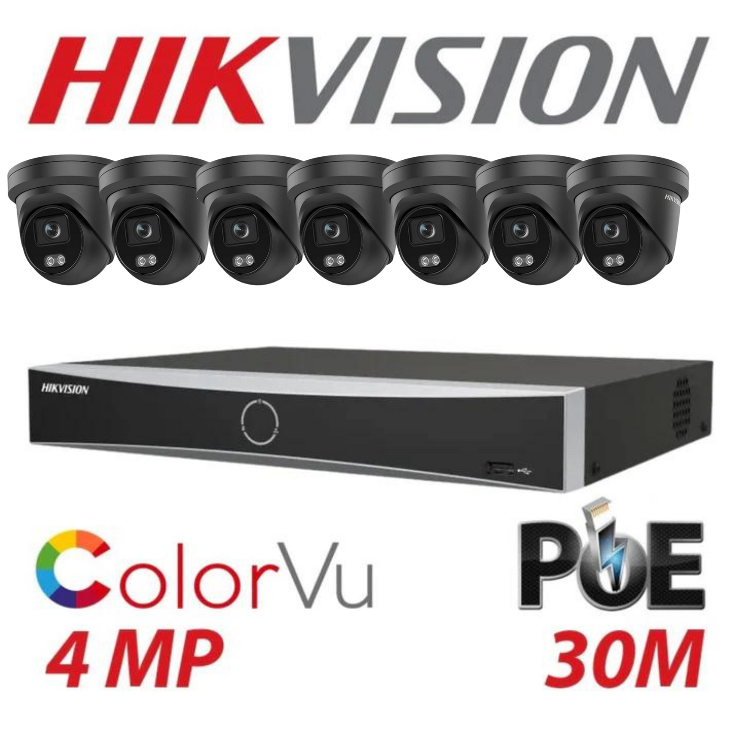 Hikvision CCTV kit, 7 x 4mp Smart Hybrid Colorvu IP Poe cameras with Audio, 1 x 8 Channel NVR