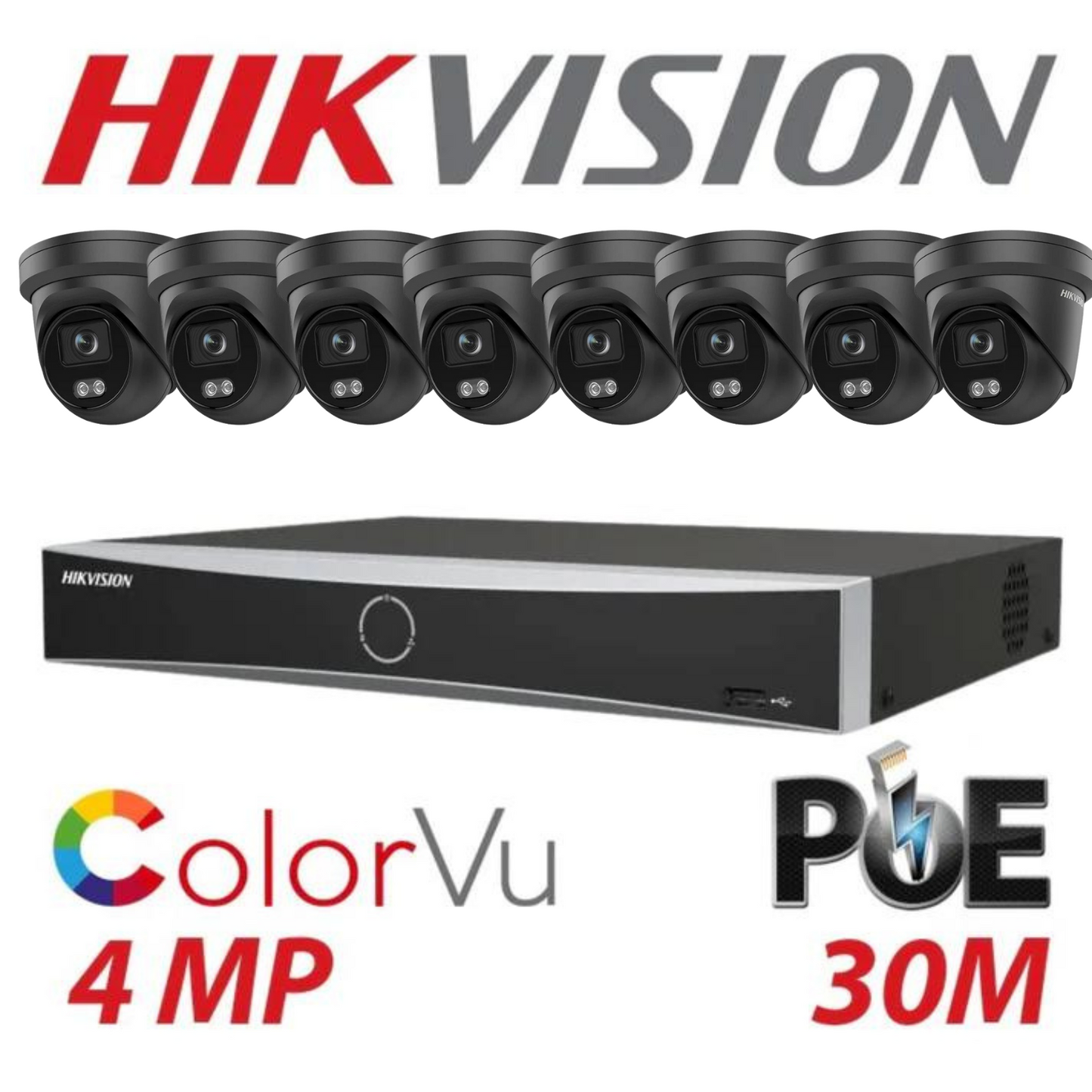 Hikvision CCTV kit, 8 x 4mp Smart Hybrid Colorvu IP Poe cameras with Audio, 1 x 8 Channel NVR