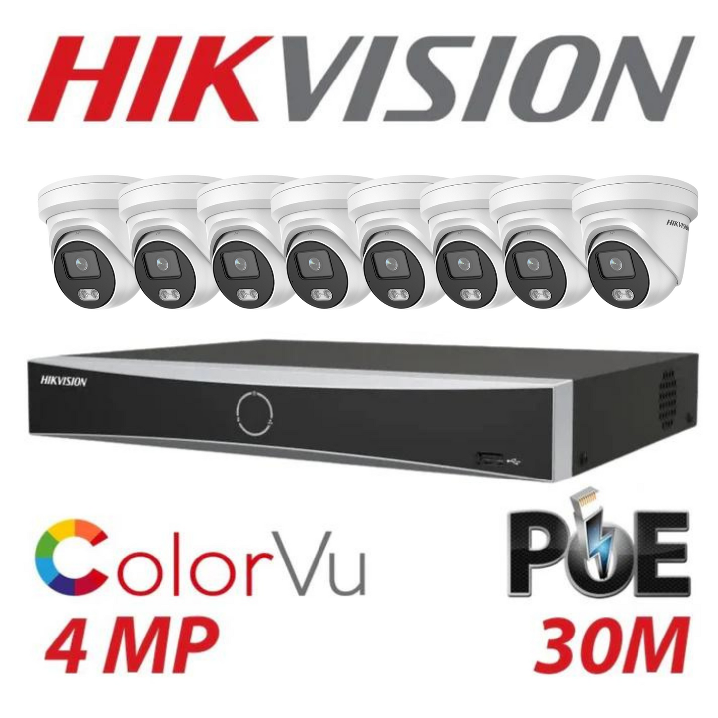 Hikvision CCTV kit, 8 x 4mp Smart Hybrid Colorvu IP Poe cameras with Audio, 1 x 8 Channel NVR