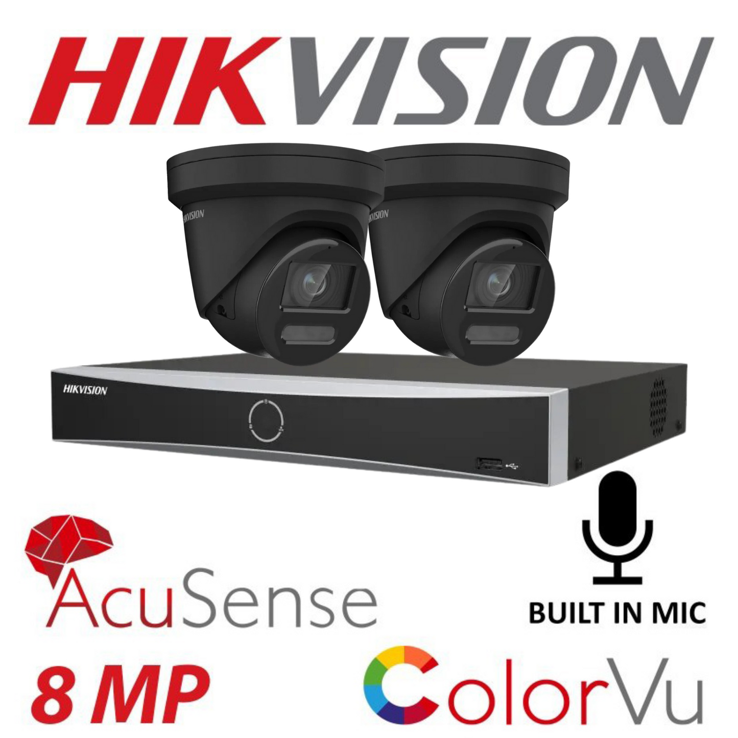 Hikvision CCTV kit, 2 x 8mp Smart Hybrid Colorvu Acusense IP POE and Audio cameras, 1 x 4 Channel POE NVR