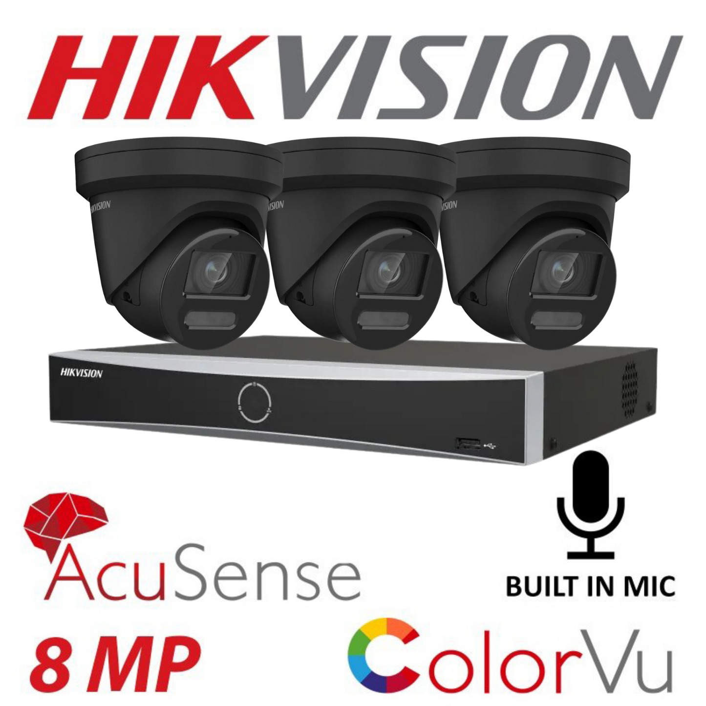 Hikvision CCTV kit, 3 x 8mp Smart Hybrid Colorvu Acusense IP POE and Audio cameras, 1 x 4 Channel POE NVR