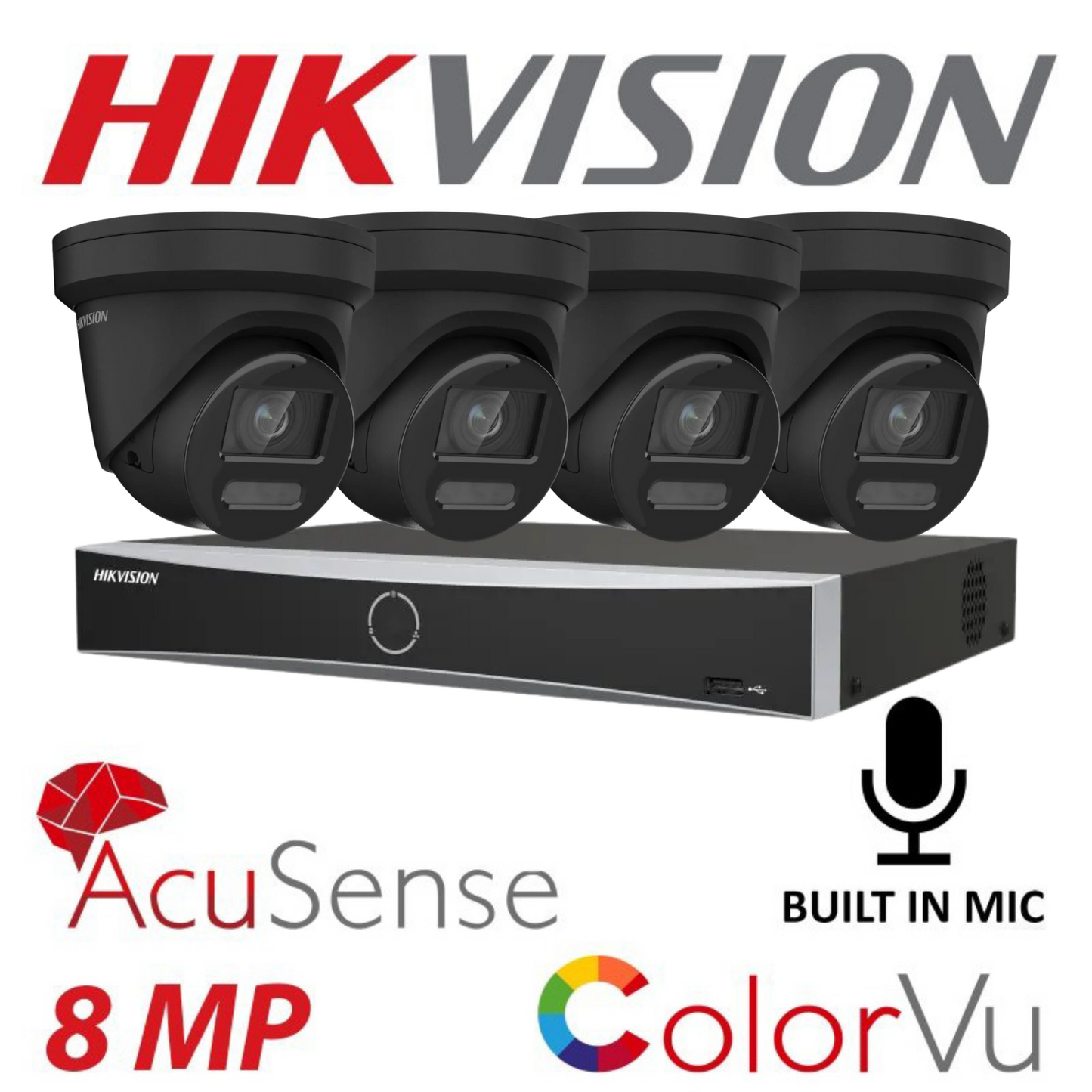 Hikvision Colorvu cctv kit, 4 x 8mp Smart Hybrid Colorvu Acusense IP POE and Audio cameras, 1 x 4 Channel POE NVR