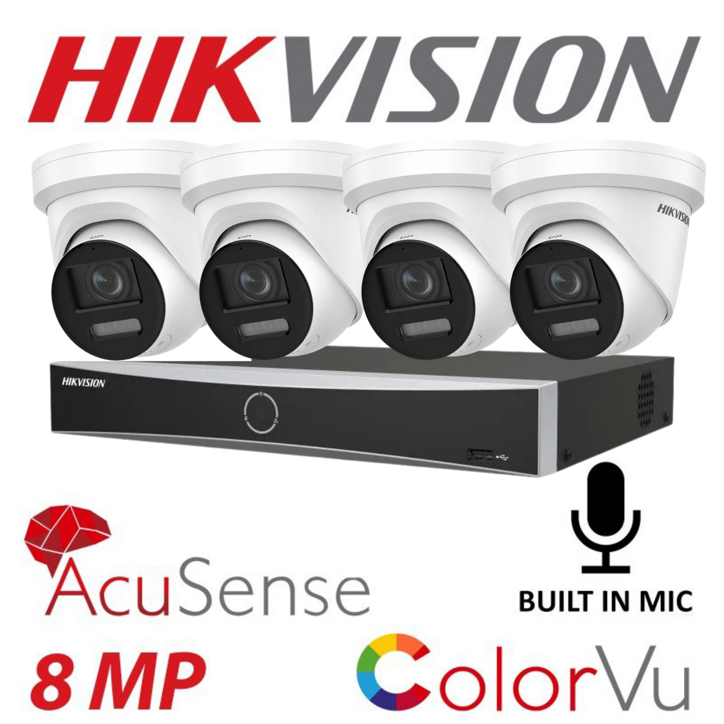 Hikvision Colorvu cctv kit, 4 x 8mp Smart Hybrid Colorvu Acusense IP POE and Audio cameras, 1 x 4 Channel POE NVR